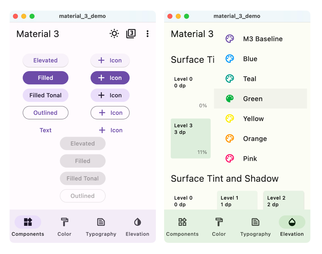 Screenshots of the Material 3 demo